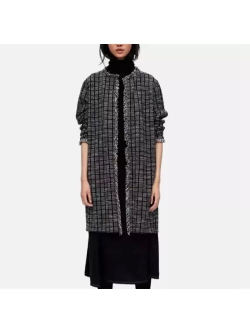 Zara Basic Black/White Tweed Long Open Front Long Cardigan/Duster Size M Pocket
